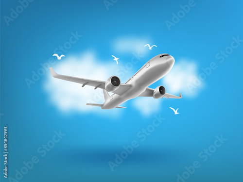 Travel Concept. Plane And Seagulls In The Clouds