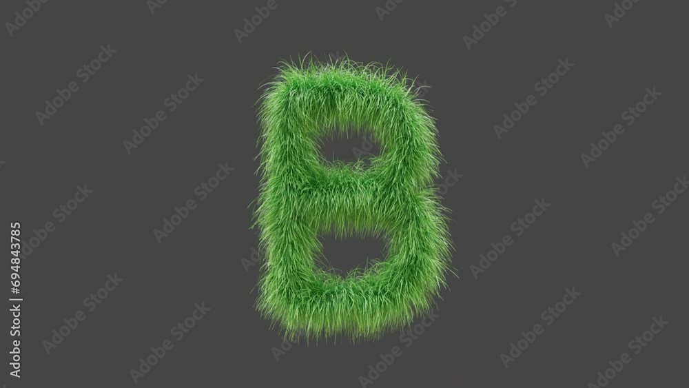 3D animation green grass letter B, isolated beautiful letter of green grass blowing in the wind, 3D rendering, RGB Alpha, UHD 4K