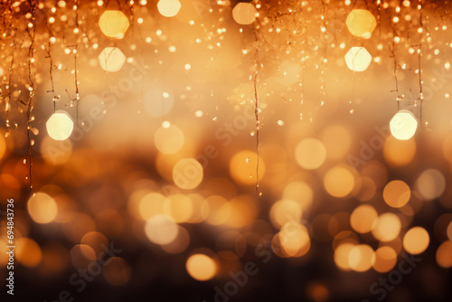 Golden Christmas lights defocused in bokeh effect. Copy space. Can be used for New year celebration