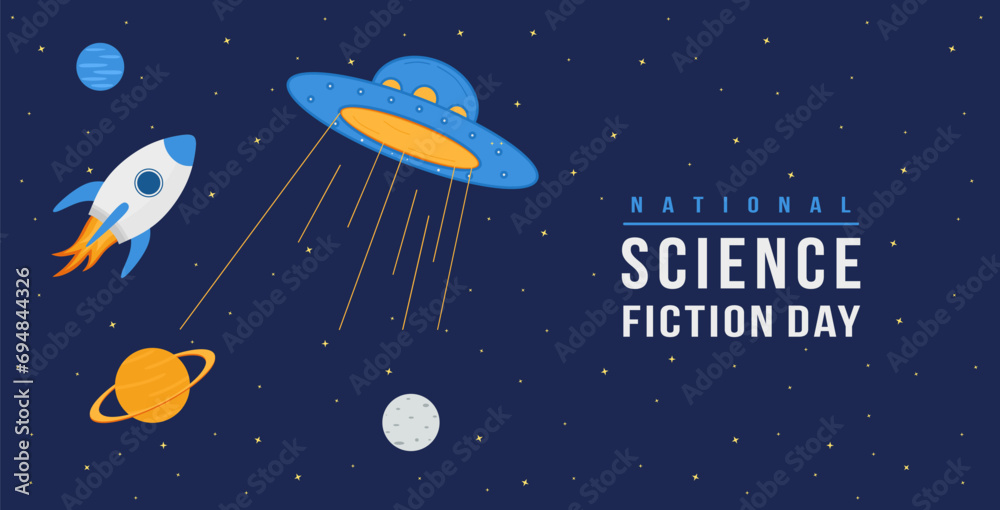 National science fiction day on January 2. Trendy design horizontal banner, flyer, poster and greeting card. Sci-Fi Celebration. Beautiful space background with ufo, Space rocket. Vector illustration National science fiction day on January 2. Trendy design horizontal banner, flyer, poster and greeting card. Sci-Fi Celebration. Beautiful space background with ufo, Space rocket. Vector illustration