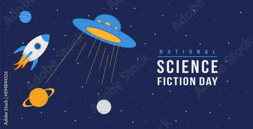 National science fiction day on January 2. Trendy design horizontal banner, flyer, poster and greeting card. Sci-Fi Celebration. Beautiful space background with ufo, Space rocket. Vector illustration
