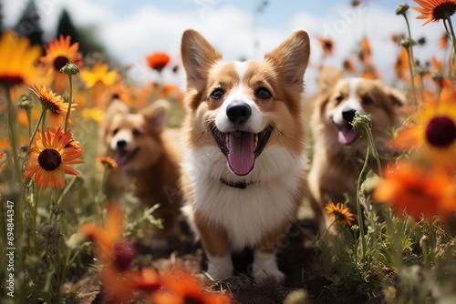 Furry springtime frolic puppies playing among blooms, spring photography © Ingenious Buddy 