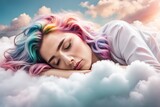 The girl sleeps in the clouds, the dream is like in the sky in the clouds