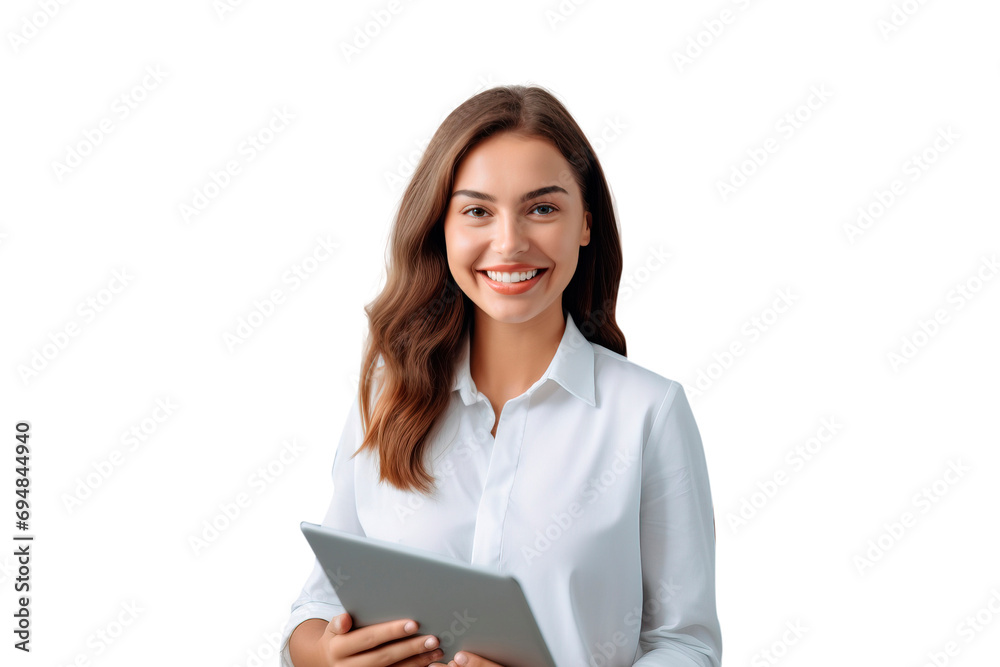 A woman in a shirt training education online internet tablet, a friendly employee in the company in the office. Transparent background. A woman in a shirt training education online internet tablet, a friendly employee in the company in the office. Transparent background.