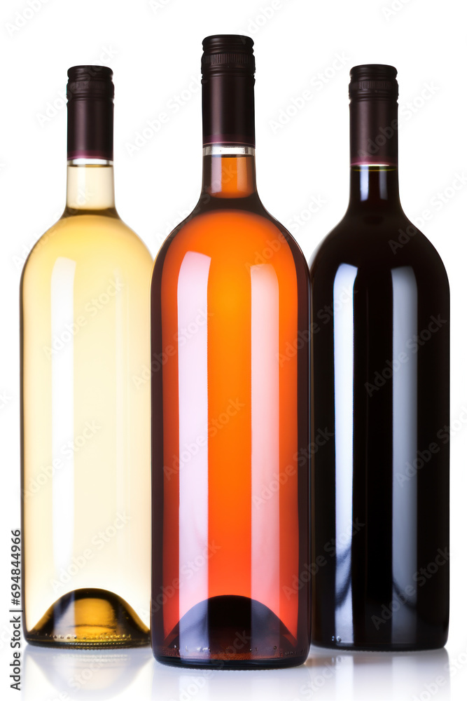 Set of three bottles of wine on white background Set of three bottles of wine on white background