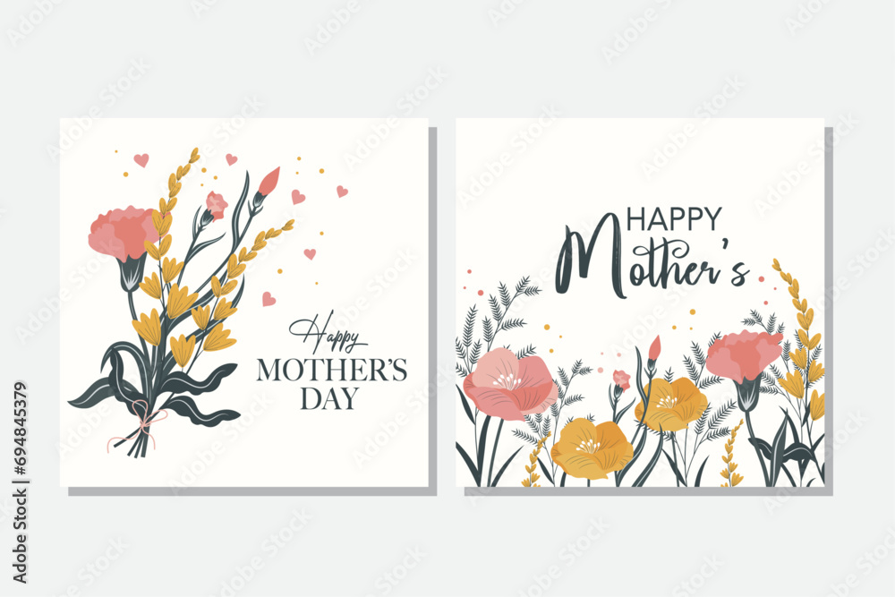 Mather's Day card set with flowers. The set is great for social media posts, cards, brochures, flyers, and advertising poster templates. Vector illustration.	
