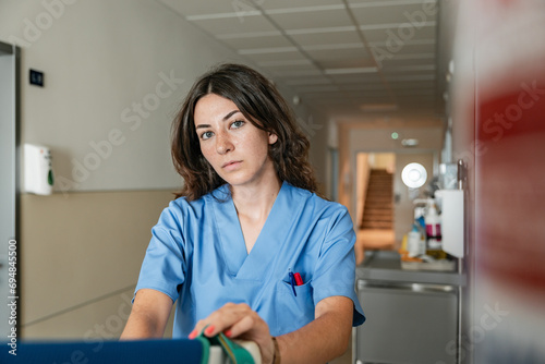 Professional female doctor sitting at hospital corridor in clinic photo