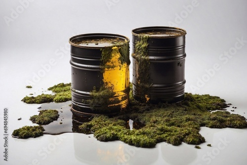 Oil Barrel Spill Amidst Moss, Urging Ecological Preservation, Cleanup Efforts, Environmental Restoration, Pollution Control, Eco-Consciousness