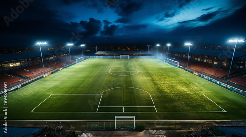 A Football Pitch With Gates and Lighting At Night 
