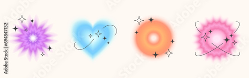 Blurred abstract shape set with black thin frames, Y2K retro art, gradient glowing figures, stickers, decorations, buttons. Vector illustration.