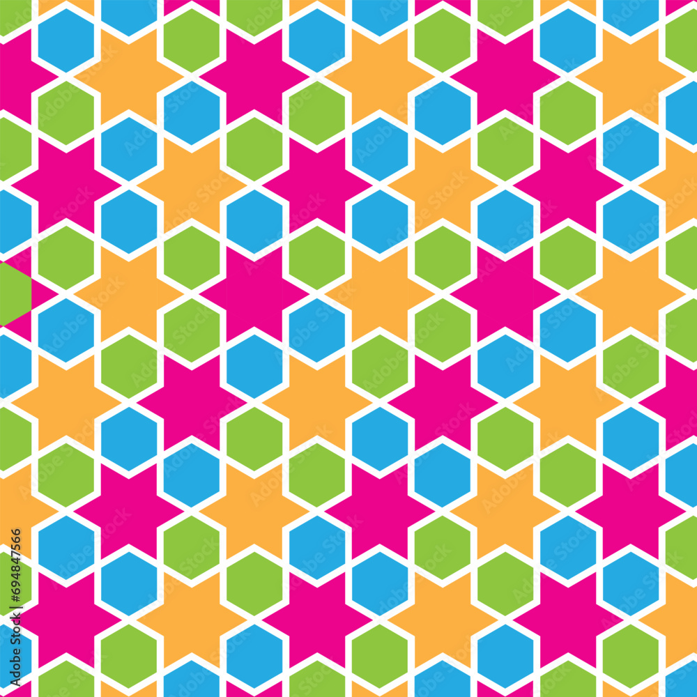 Repeating Pattern of Abstract Colorful Star and Hexagon Vector Background
Repeating Pattern of Abstract Colorful Star and Hexagon Vector Background