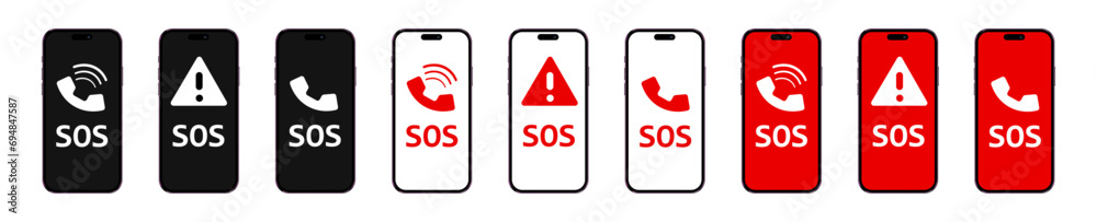 SOS call icons via phone. Various styles, red color, SOS call, SOS button. Vector icons SOS call icons via phone. Various styles, red color, SOS call, SOS button. Vector icons
