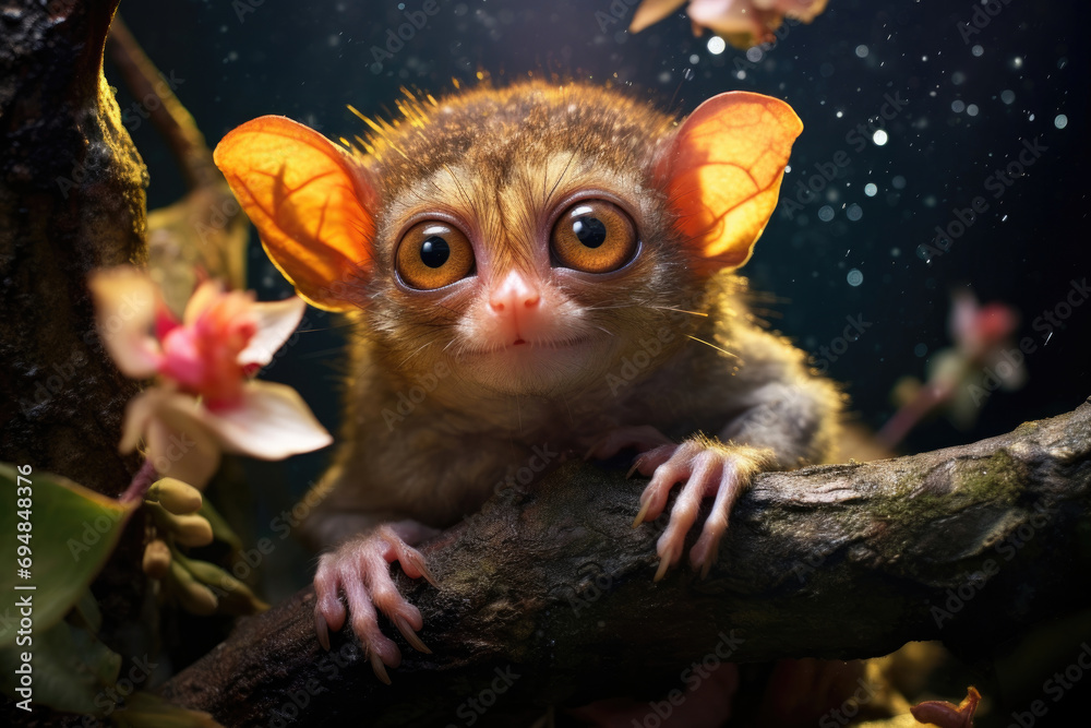 A Philippine tarsier, small and magnificent, sits on a branch in an exotic forest