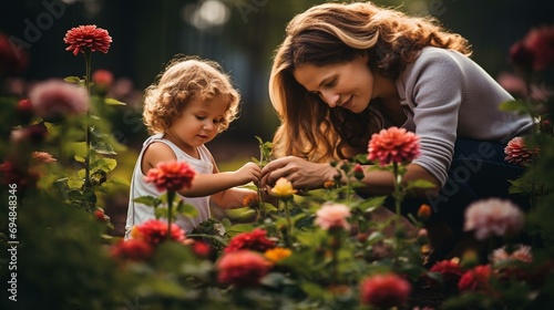 A mother and child planting flowers in the garden, symbolizing the growth of love and connection,[joy of motherhood]