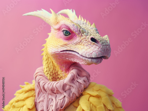 Stylish Dragon in Scarf on Pink Background