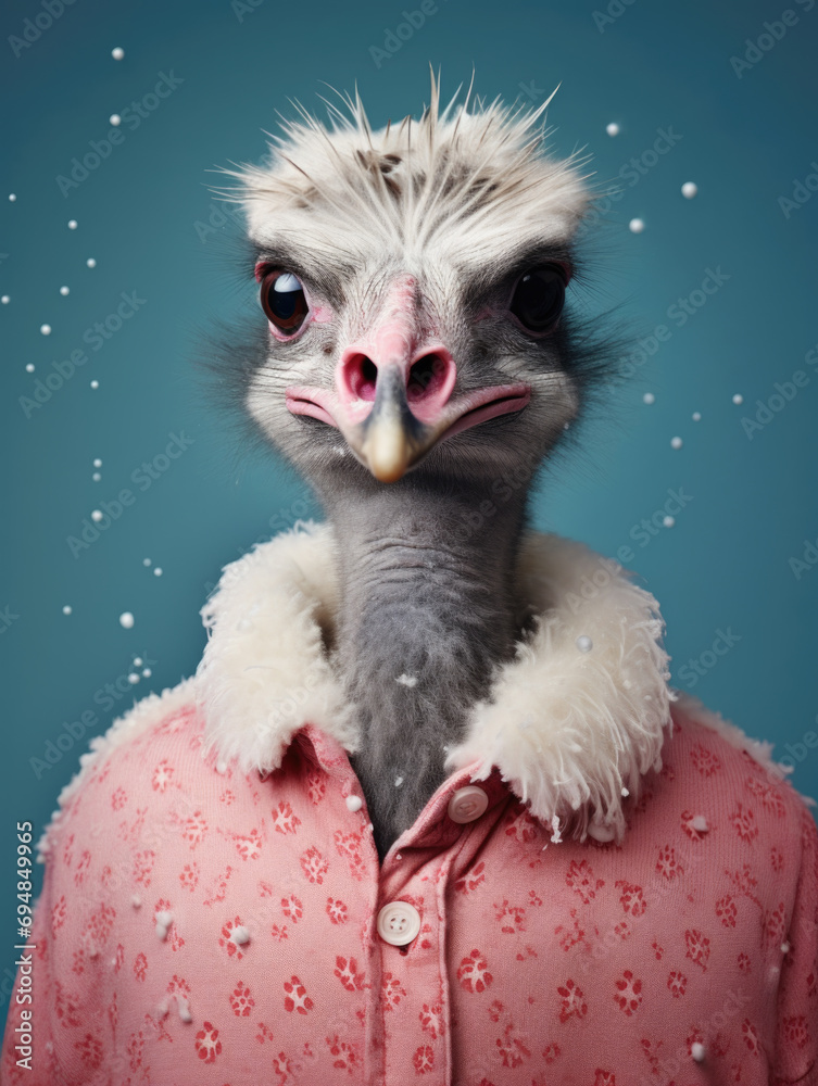 An ostrich donning a cozy Christmas sweater, portrayed in a whimsical, anthropomorphic fashion.