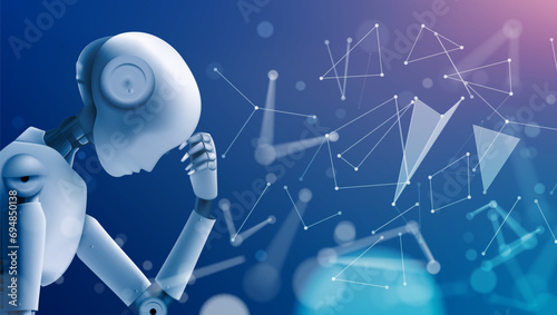 3D Female Robot Sit And Thinking Isolated On Blue