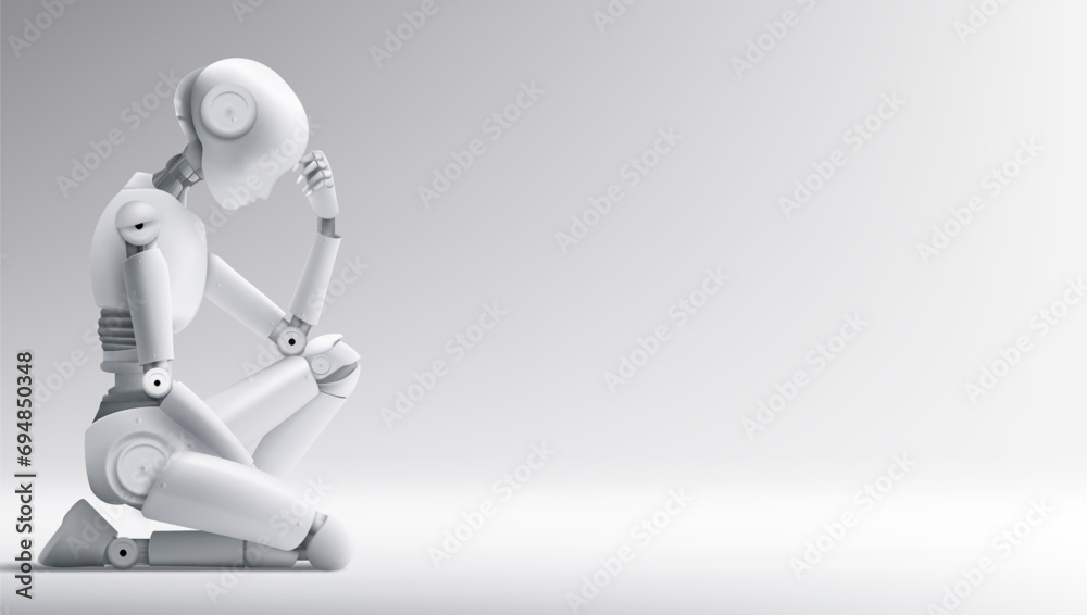 3D Female Robot Sit And Thinking Isolated On White 3D Female Robot Sit And Thinking Isolated On White