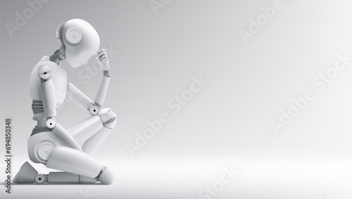 3D Female Robot Sit And Thinking Isolated On White photo