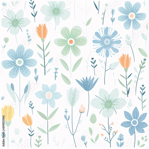 Colorful flowers style seamless pattern. AI Generated.