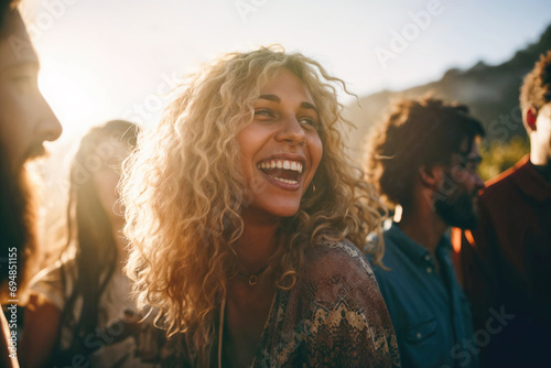 Generative AI image of joyful friends at golden hour photo