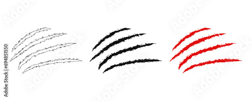 Animal claw scratches and marks. Set. Black and red bloody silhouettes and outline. Icon, flat. Vector isolated on white background. Scratches from cat, tiger, lion, dog, jaguar, bear, puma, leopard