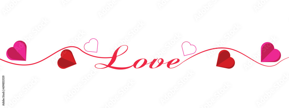 valentines day love calligraphy banner with red hearts isolated on transparent background - obrazy, fototapety, plakaty 