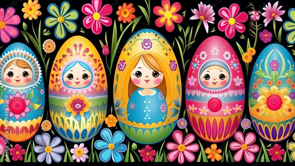 Colorful Easter Egg composition in a Matryoshka Style