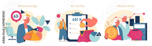 Retirement Planning set. Navigating the golden years with strategic financial planning from 401(k) to pension funds.