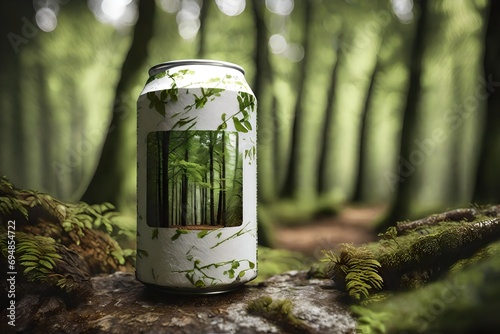 white beverage can with textured pattern design  in the woods , 33cl drink can presentation mockup photo