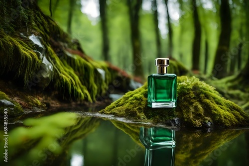 green perfume bottle in a wild forest , cosmetics advertising template