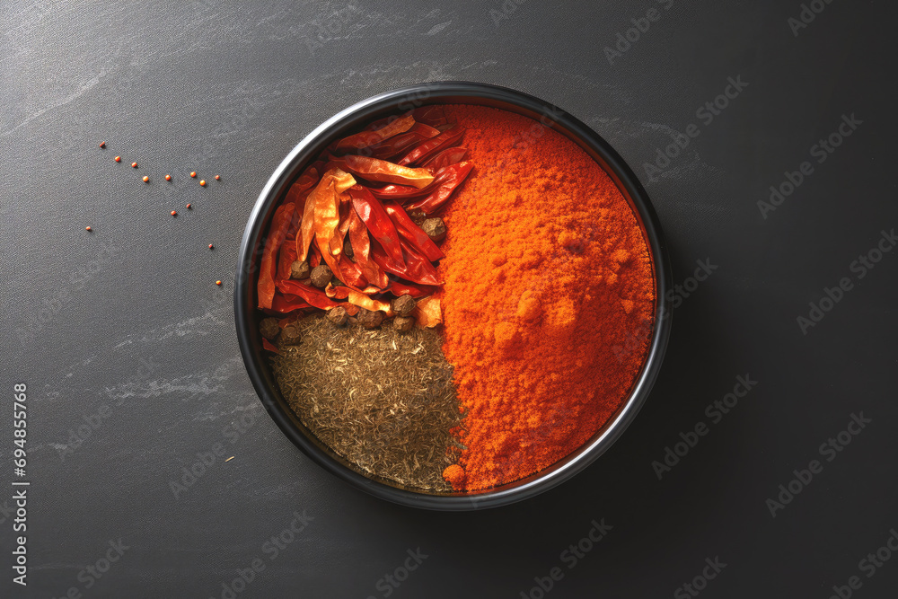 Crushed spices in a cup, black marble background