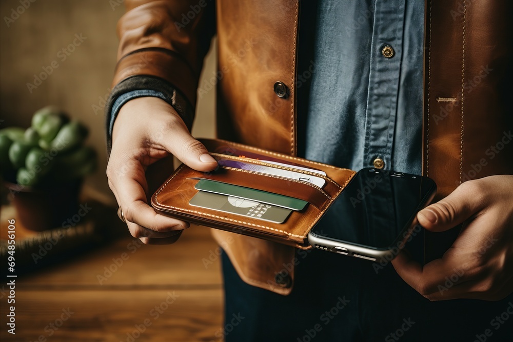 Person using smartphone for contactless payment near magnetic wallet with credit cards - obrazy, fototapety, plakaty 