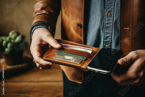 Person using smartphone for contactless payment near magnetic wallet with credit cards photo