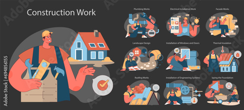Construction work set. Diverse crew performing plumbing, electrical, facade, and roofing tasks, showcasing skilled craftsmanship. Flat vector illustration