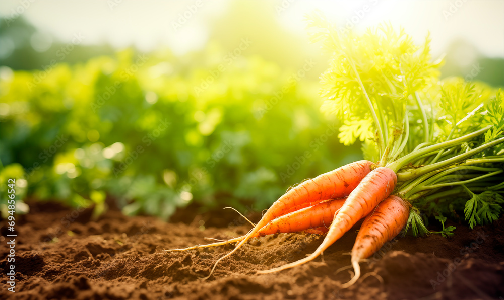 Fresh carrot in the farm field with copy space, close up - obrazy, fototapety, plakaty 