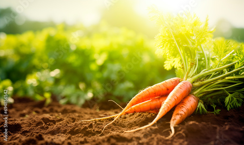 Fresh carrot in the farm field with copy space, close up photo