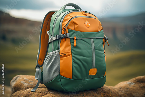 Hiking backpack on a rock in the mountains. Travel concept.