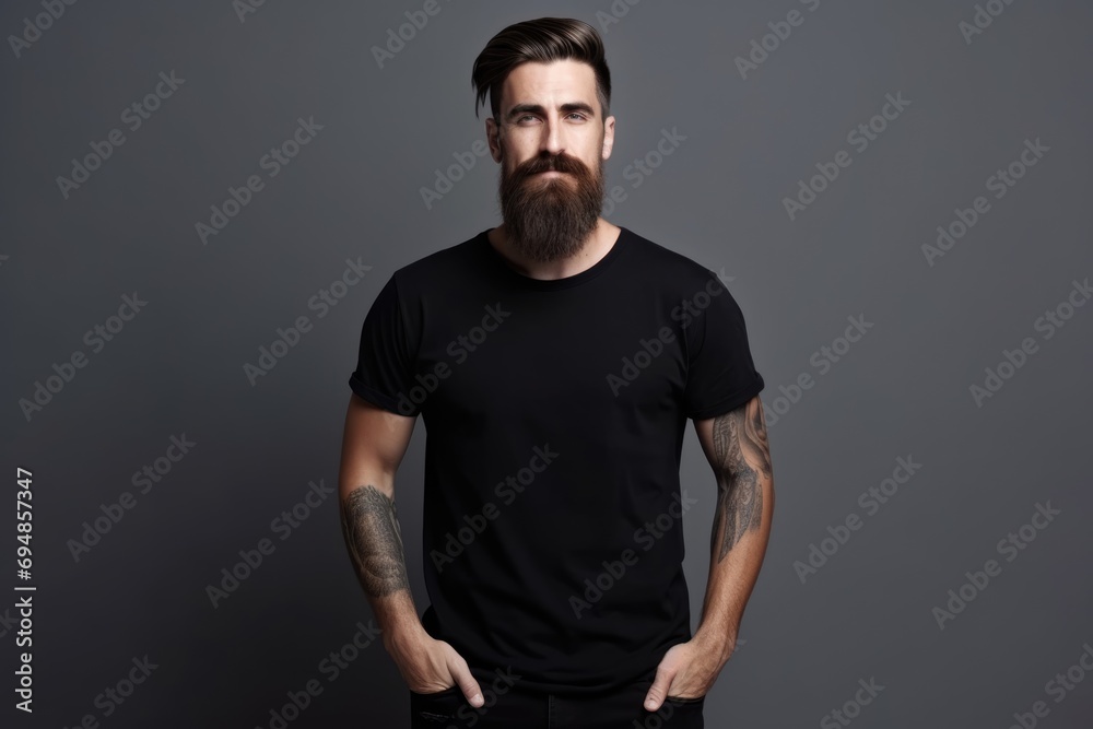 Hipster man model with beard wearing black t-shirt mockup. Front view