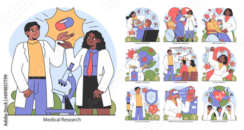 Medical set. Diverse healthcare professionals engaged in research and patient care. Exploration of treatments, disease prevention, and global health education. Flat vector illustration.
