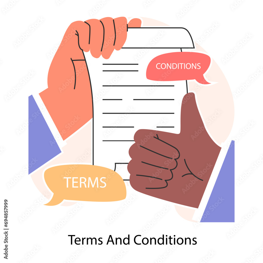 Business deal or agreement. Signing a contract or successful negotiation. Business partners interests and obligations. Paper terms and conditions. Flat vector illustration Business deal or agreement. Signing a contract or successful negotiation. Business partners interests and obligations. Paper terms and conditions. Flat vector illustration