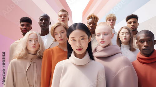Skincare ad campaign inclusive people pastel colors futuristic landscape diverse group