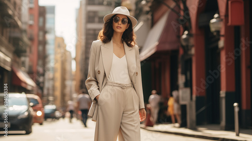 Beige elegance urban stroll in loose-fit suit with pastel palette sophistication