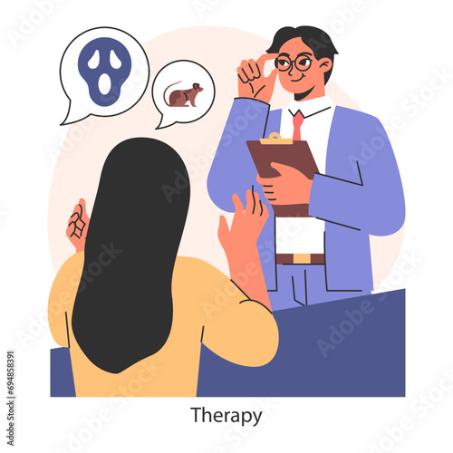 Overcoming fears strategy.. Client and therapist engaging in a cognitive conversation about fears. Psychological therapy session in progress. Flat vector illustration.