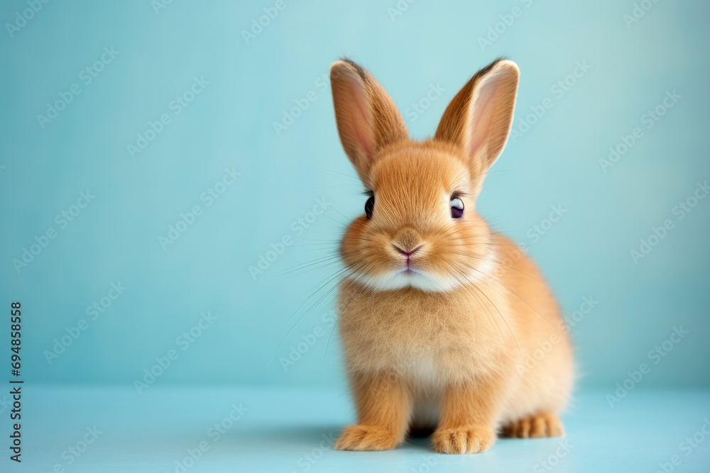 Studio portrait of cute rabbit with light and pastel background, happy bunny running on floor, adorable fluffy rabbit that sniffing.