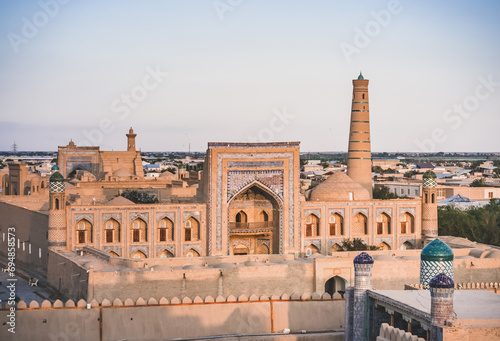 Mohammed Rakhim Khan Madrassah tiled with mosaics and ceramic tiles in the ancient city of Khiva in Khorezm, medieval architecture photo