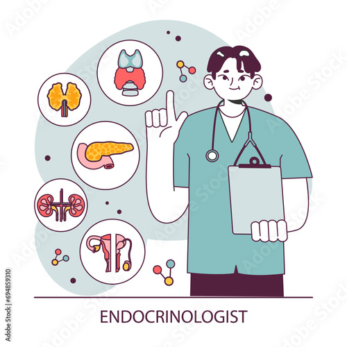 Endocrinology. Endocrine system organs, pancreas thyroid gland, pituitary, adrenal gland and ovaries. Hormones secretion and balance. Healthcare and medical treatment. Flat vector illustration