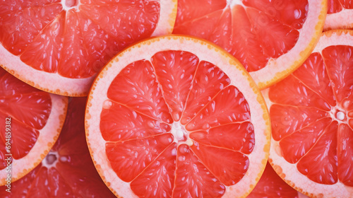 Close-up Grapefruit slices abstract background in Living Coral color of the Year 2019. Generative AI