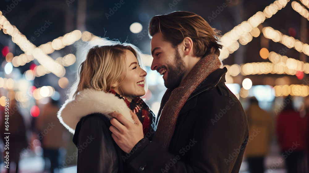 couple at evening in winter couple at evening in winter
