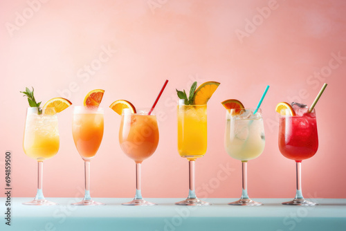 Set of various cocktails on colorful summer background